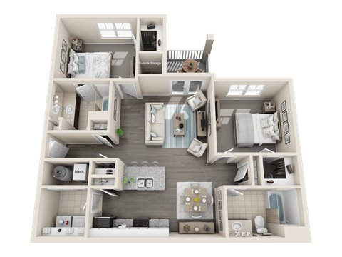 a 3d floor plan of a 3 bedroom apartment